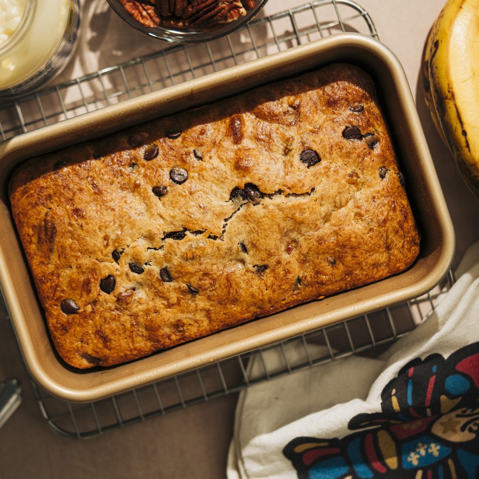 baking tin banana bread fresh from the oven