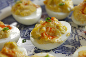 Mango Chutney Deviled Eggs on a plate