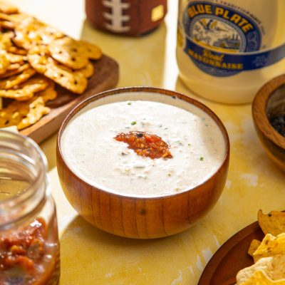 recipe image Kickoff Chip Dip in wooden bowl