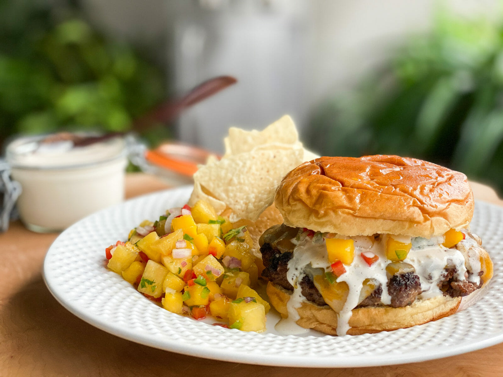 Burgers with Pineapple Salsa & Alabama-Style White BBQ Sauce