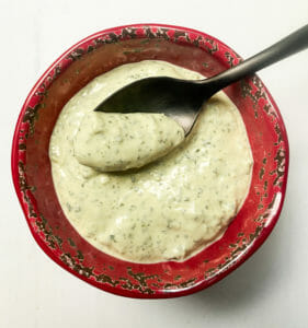 Green Goddess Dressing made with Blue Plate Mayonnaise, in a serving bowl