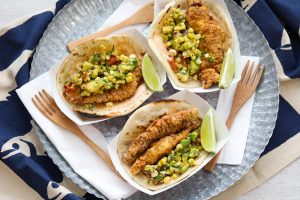 Fish Tacos with Corn Salsa on a serving platter