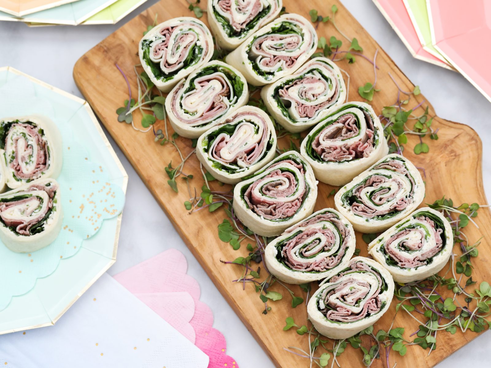 Roast Beef, Arugula and Horseradish Cream Pinwheels