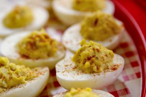 Deviled (stuffed) eggs sprinkled with paprika