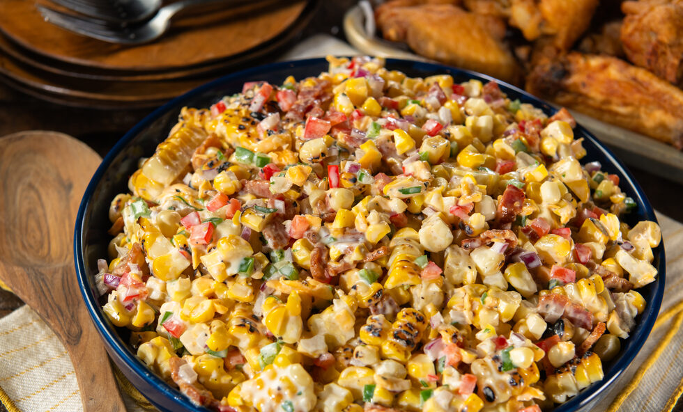 grilled corn salad in large serving bowl