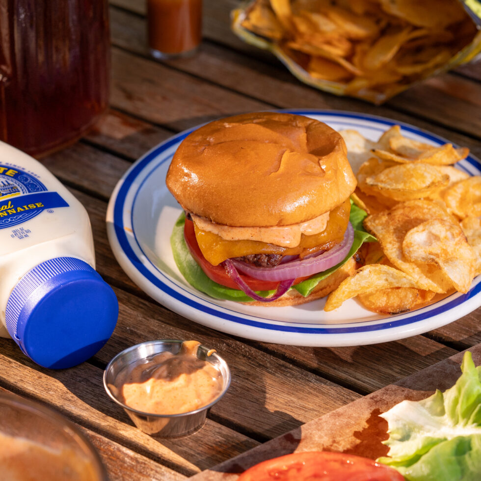 Cajun Smash Burger on a plate, a Blue Plate recipe