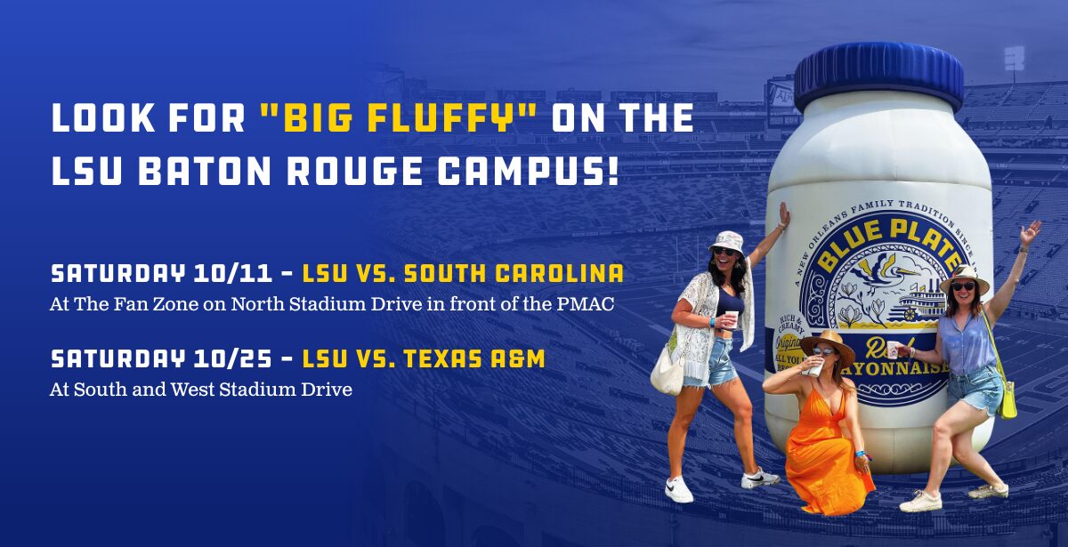 Big Fluffy the Mayonnaise Jar Mascot announcing our presence at LSU home games 2025