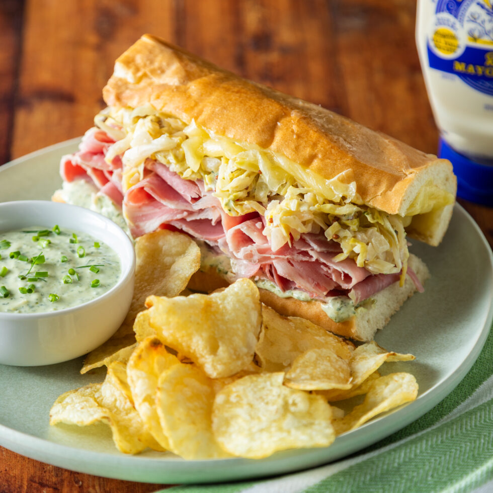 Corned Beef & Cabbage Po-Boy with Green Remoulade Sauce made with Blue Plate Mayo - That's the good stuff!