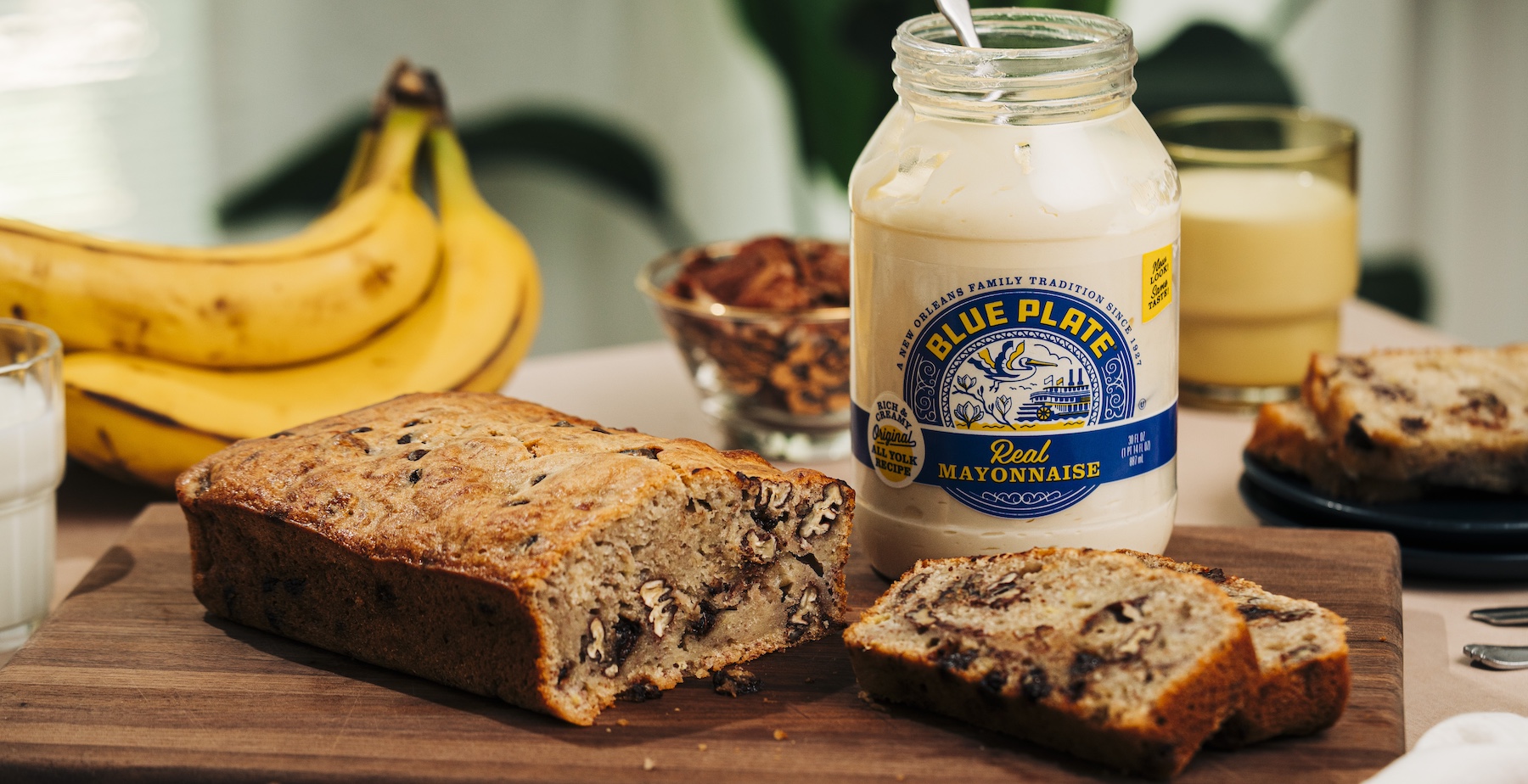 Rich banana bread loaf, made with blue plate mayonnaise.