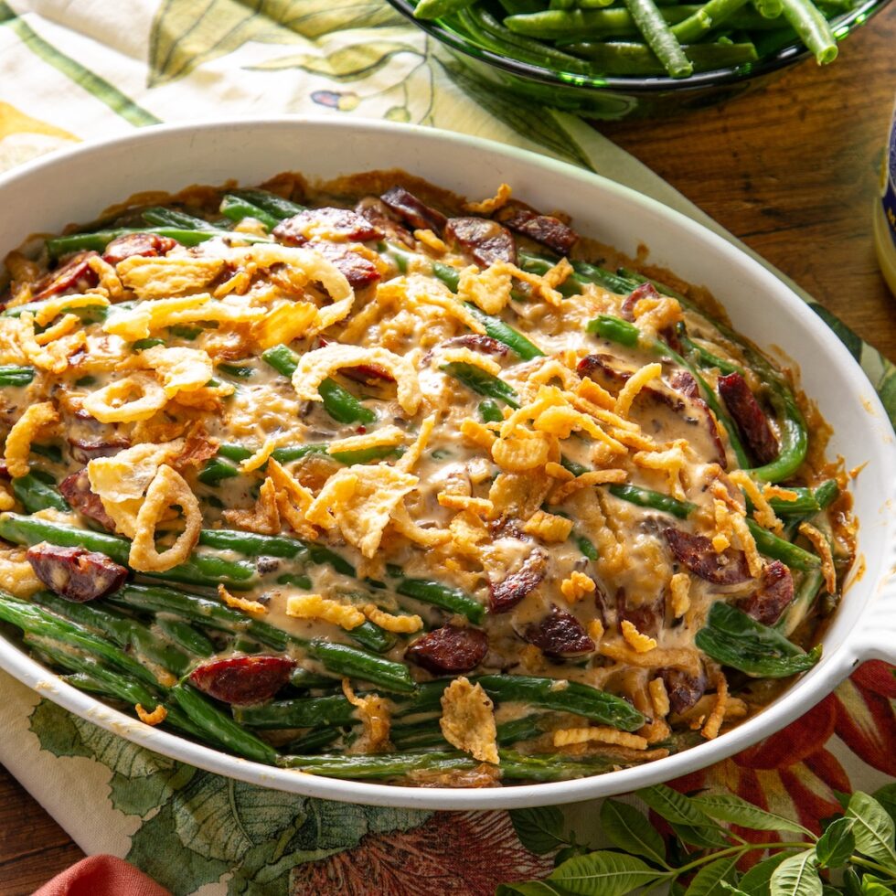 Easy Creole Green Bean Casserole in a serving dish