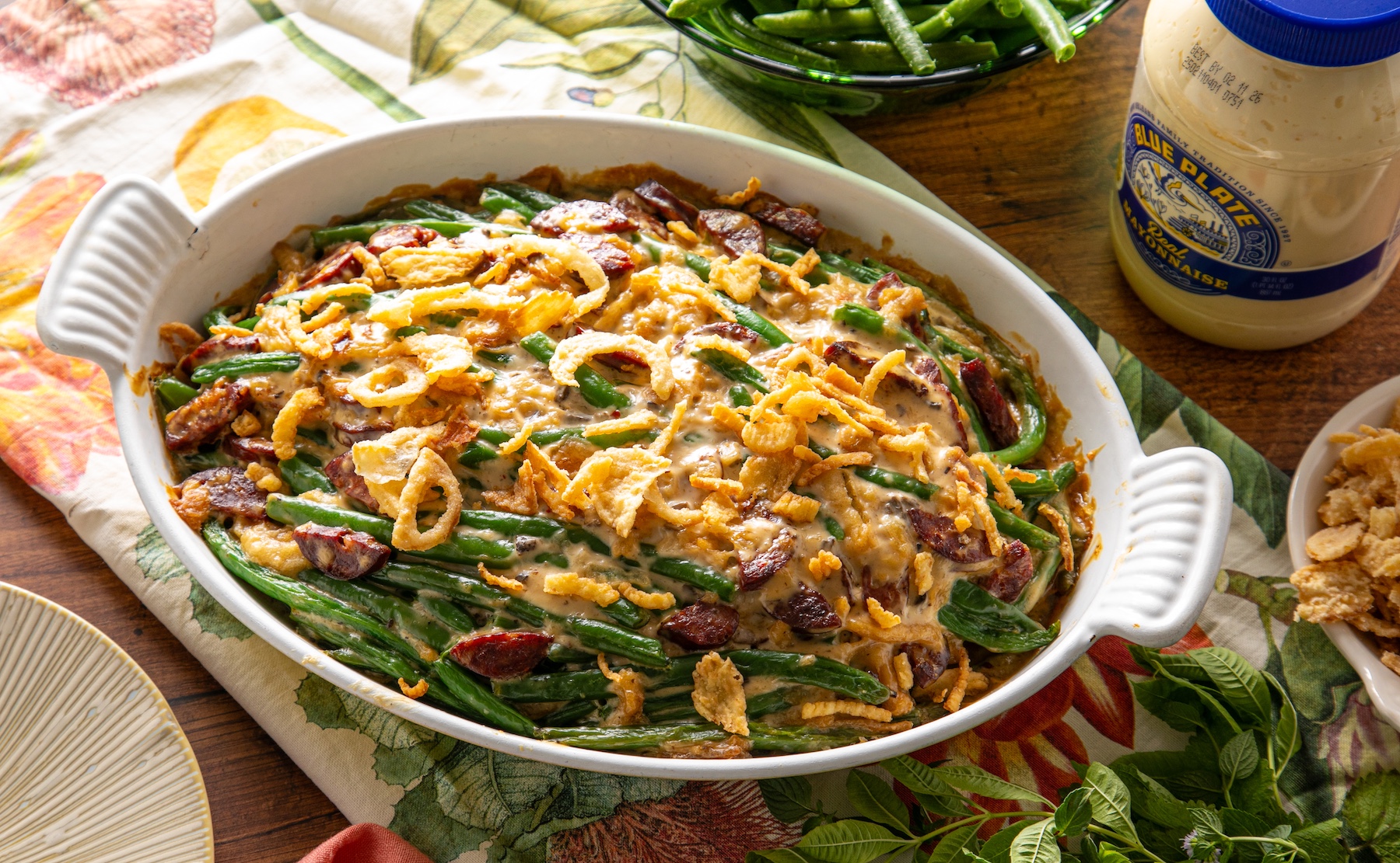 Easy Creole Green Bean Casserole in a serving dish