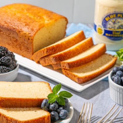 Pound Cake, sliced on serving dish, baked with creamy Blue Plate Mayonnaise. That's the good stuff!