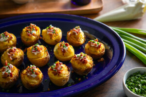 mini stuffed potato appetizers on a serving platter