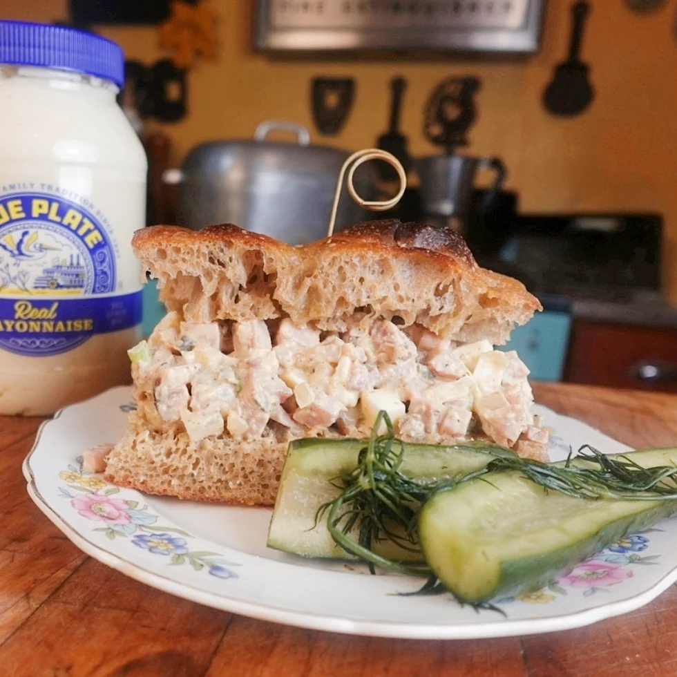 chow chow ham salad sandwich with pickle