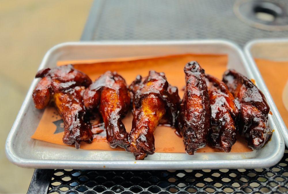 bbq wings on metal platter from fox bros bbq atlanta ga
