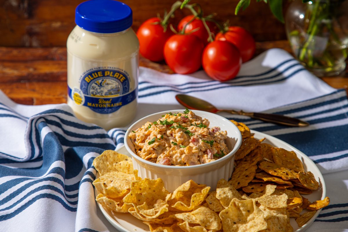 Blue Plate Texas Boat Dip in serving dish with chips