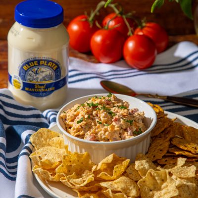 Blue Plate Texas Boat Dip in serving dish with chips