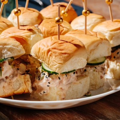 shrimp salad sliders on serving platter