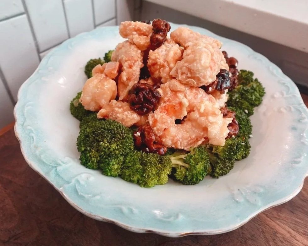 jolie meaux honey walnut shrimp on plate, fried shrimp